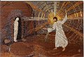 Joh 11 1-44. Jesus ropade med hög röst Lasarus, kom ut. Aspenäskyrkan, Lerum. Textilkomposition av Gunilla Sjögren. Daterad 1991