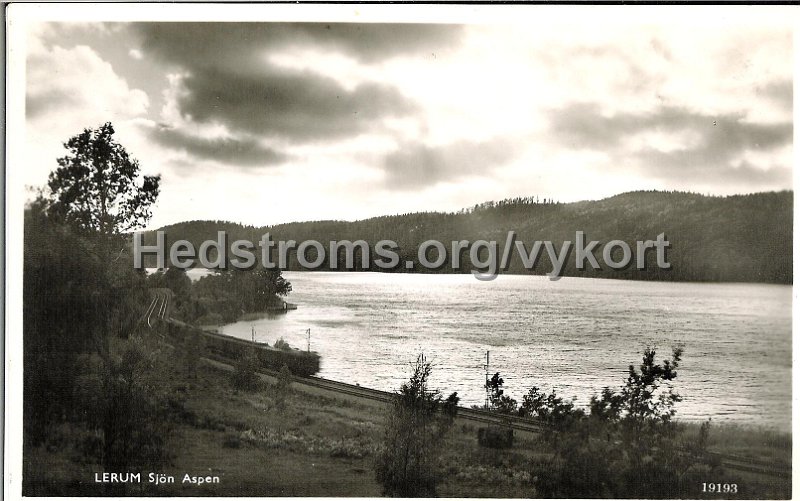 Lerum Sjon Aspen. Odaterat. Pressbyran 19193.jpg - Lerum Sjön Aspen.Suddigt tåg på dubbelspåret mellan Ekenäs och Jonsereds station.Postgånget 2 aug 1949.Pressbyrån 19193.