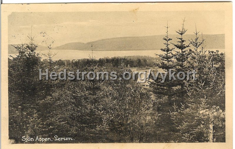 Sjon Aspen, Lerum.  Postganget 3 juli 1923. Fotoforlaget Svea, Goteborg. Vy fran Tomteberget over Aspen..jpg - Sjön Aspen, Lerum.Vy från Tomteberget över Aspen.Postgånget 3 juli 1923.Fotoförlaget Svea, Göteborg.