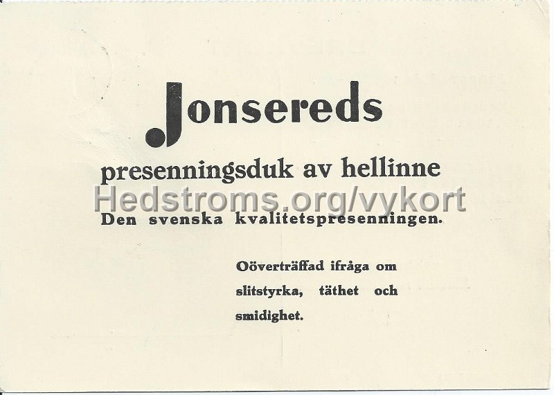 Jonsereds presenningsduk av hellinne.jpeg - Jonseereds presenningsduk av hellinne.Postgånget 28 apr 1938.Förlag JFA-276