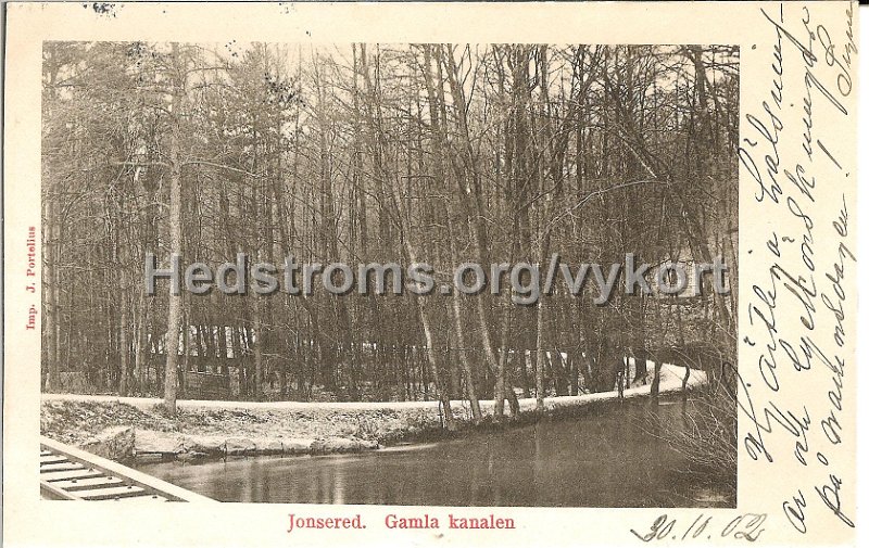 Jonsered. Gamla kanalen. Postganget 31 oktober 1902. Imp. J. Portelius.jpg - Jonsered. Gamla kanalen.Postgånget 31 oktober 1902.Imp. J. Portelius.