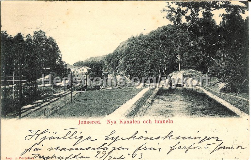 Jonsered. Nya kanalen och tunneln. Postganget 29 juli 1903. Imp. J. Portelius.jpg - Jonsered. Nya kanalen och tunneln.Postgånget 29 juli 1903.Imp. J. Portelius.