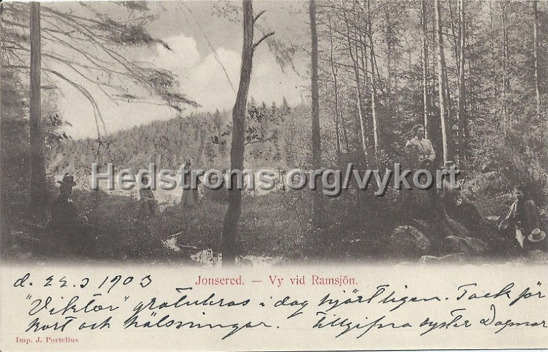 Jonsered - Vy vid Ramsjon. Postganget 22 mars 1903. Imp J. Portelius.jpeg - Jonsered - Vy vid Ramsjön. Postgånget 22 mars 1903.