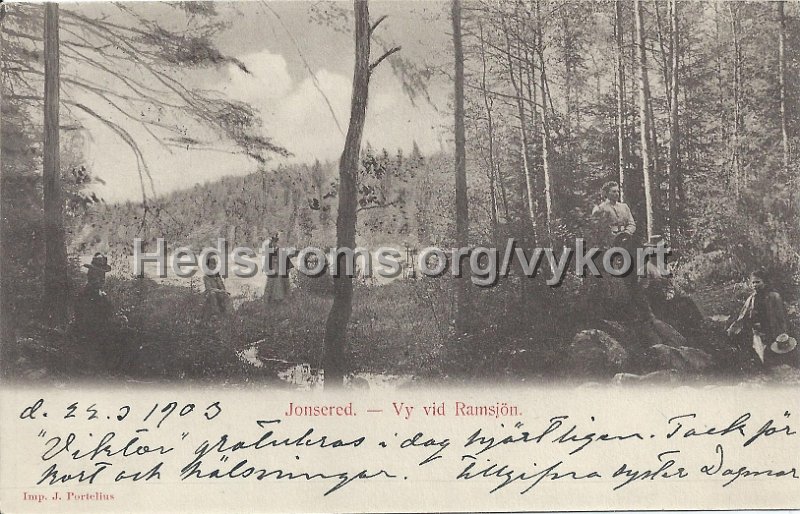 Jonsered - Vy vid Ramsjon. Postganget 22 mars 1903. Imp J. Portelius.jpeg - Jonsered - Vy vid Ramsjön.Postgånget 22 mars 1903.Imp J. Portelius.