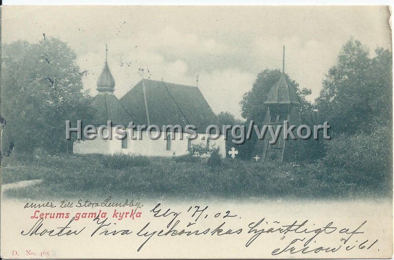 Lerums gamla kyrka. Postganget 17 januari  02.jpeg - Lerums gamla kyrka.Postgånget 17 jan 1902.Märkt D. No. 465.
