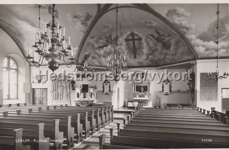 Lerum. Kyrkan, Interior. Postganget 19 november 1934. A.-B. Alga, Stockholm 19198.jpg - Lerum. Kyrkan, Interiör.Postgånget 19 november 1934.A.-B. Alga, Stockholm 19198.