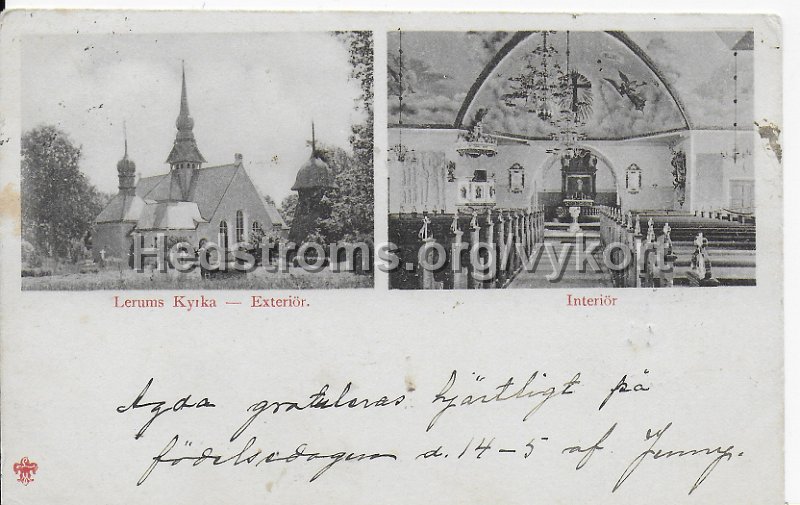 Lerums Kyrka Extrerior Interior. Postganget 14 maj  1903..jpeg - Lerums Kyrka Extreriör Interiör.Postgånget 14 maj  1903.