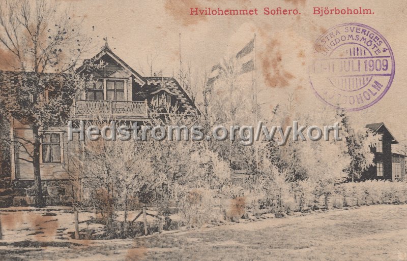 Hvilohemmet Sofiero, Bjorboholm. Postganget 11 juli 1909. J. E. Lindquist Vykortsforlag, Bjorboholm. Vastra Sveriges 4 Ungdomsmote, Bjorboholm.jpg - Hvilohemmet Sofiero, Björboholm.Postgånget 11 juli 1909.J. E. Lindquist Vykortsförlag, Björboholm.Västra Sveriges 4 Ungdomsmöte, Björboholm.