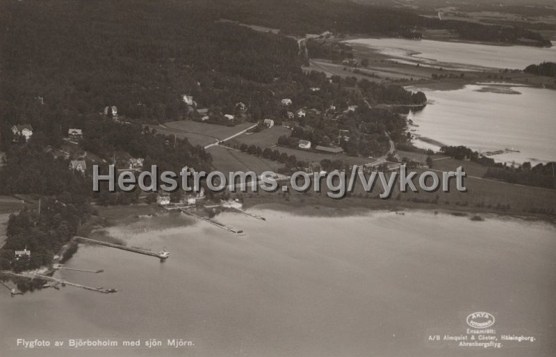 Flygfoto av Bjorboholm med sjon Mjorn. Odaterat Forlag Gust. Larsson, Bjorboholm. Foto Lilljeqvist. Ensamrat A B Almqvist  Coster, Helsingborg. Ahrenbergsflyg.jpg - Flygfoto av Björboholm med sjön Mjörn.Odaterat.Förlag: Gust. Larsson, Björboholm.Foto Lilljeqvist.Ensamrätt: A/B Almqvist & Cöster, Helsingborg. Ahrenbergsflyg.