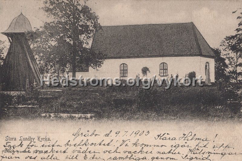 Stora Lundby Kyrka. Postganget 9 juli 1903. Foto  Forlag C. F. E.jpg - Stora Lundby Kyrka.Postgånget 9 juli 1903.Foto & Förlag C. F. E.