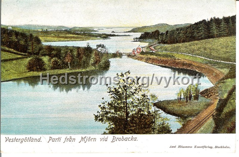 Vestergotland. Parti fran Mjorn vid Brobacka. postganget 23 juli 1908. Axel Eliassons konstforlag, Stockholm.jpg - Vestergötland. Parti från Mjörn vid Brobacka.Postgånget 23 juli 1908.Axel Eliassons konstförlag, Stockholm.