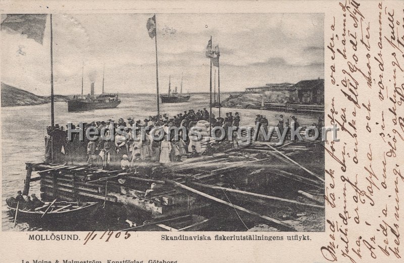 Mollosund. Skandinaviska fiskeriutstallningens utflykt. Postganget 1 januari 1905. Le Moine  Malmestrom Konstforlag, Goteborg.jpg - Mollösund. Skandinaviska fiskeriutställningens utflykt.Postgånget 1 januari 1905.Le Moine & Malmeström Konstförlag, Göteborg.