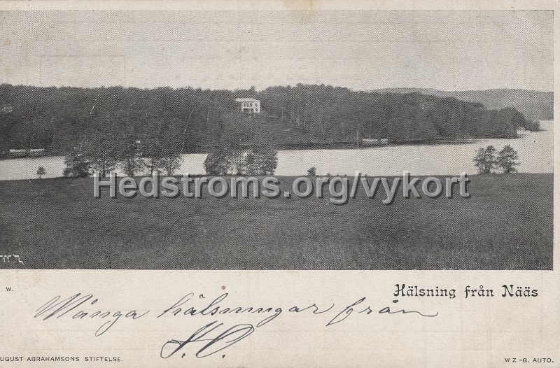 Halsning fran Naas. Postganget 5 maj 1902.  August Abrahamssons Stiftelse. W.Z.-G. Auto.jpg - Hälsning från Nääs.Postgånget 5 maj 1902.August Abrahamssons Stiftelse. W.Z.-G. Auto.