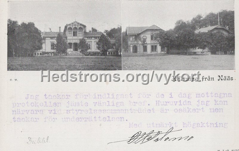 Halsning fran Naas. Postganget 18 april 1902. Signerat O Salomon. Augus Abrahamsons Stiftelse. W. Z.-G. Auto.jpg - Hälsning från Nääs.Postgånget 18 april 1902.Signerat O Salomon.August Abrahamsons Stiftelse. W. Z.-G. Auto.