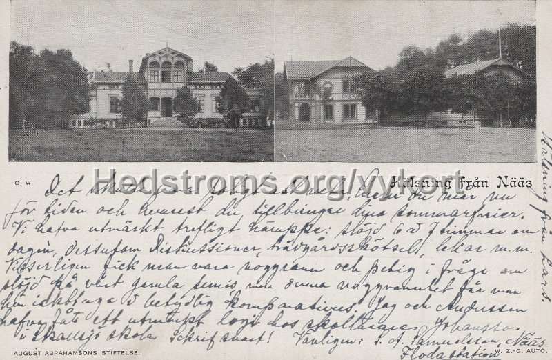 Halsning fran Naas. Postganget 18 juni 1901. August Abrahamssons Stiftelse. W.Z.-G. Auto.jpg - Hälsning från Nääs.Postgånget 18 juni 1901.August Abrahamssons Stiftelse. W.Z.-G. Auto.