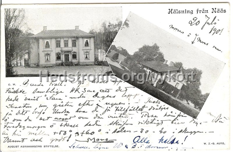 Halsning fran Naas. Postganget 19 juli 1906. August Abrahamsons Stiftelse.jpg - Hälsning från Nääs.Postgånget 19 juli 1906.August Abrahamsons Stiftelse.