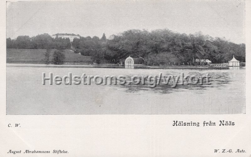 Halsning fran Naas. Odaterat. C.W. August Abrahamssons Stiftelse. W. Z.-G. Auto. Med slottet.jpg - Hälsning från Nääs.Odaterat.C.W. August Abrahamssons Stiftelse. W. Z.-G. Auto.