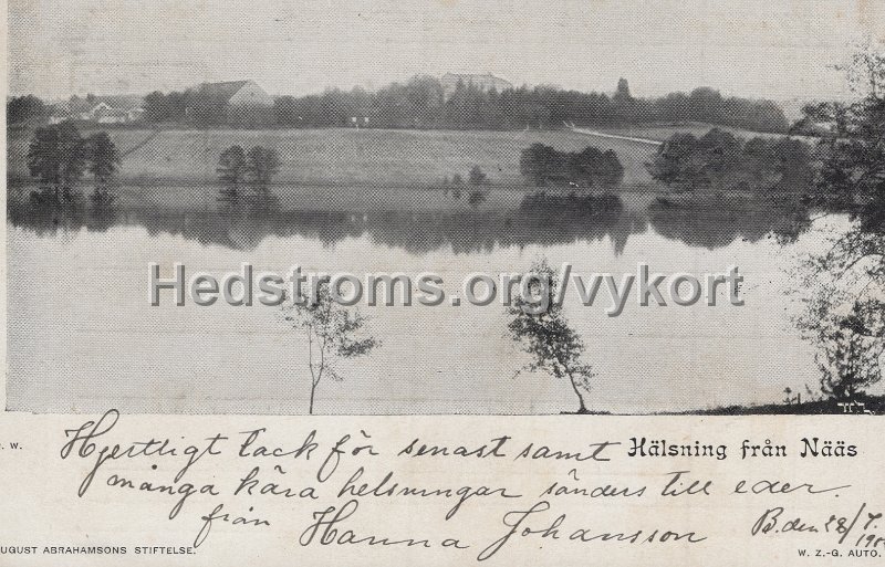 Halsning fran Naas. Postganget 28 juli 1902. August Abrahamssons Stiftelse. W.Z.-G. Auto.jpg - Hälsning från Nääs.Postgånget 28 juli 1902.August Abrahamssons Stiftelse. W.Z.-G. Auto.