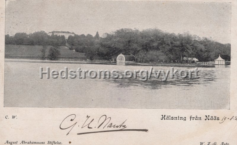 Halsning fran Naas. Postganget21 augusti 1902. C.W. August Abrahamssons Stiftelse. W. Z.-G. Auto. Med slottet.jpg - Hälsning från Nääs.Postgånget 21 augusti 1902.C.W. August Abrahamssons Stiftelse. W. Z.-G. Auto.