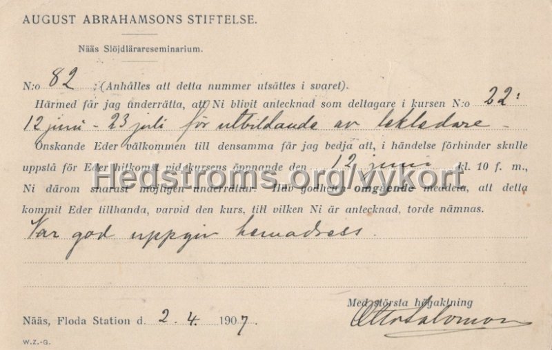 Antecknad som deltagare. 2 april 1907.jpg - Antecknad som deltagare. Daterat 2 april 1907.