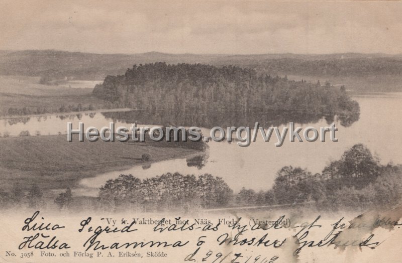 Vy fran Vaktberget mot Naas, Floda Vastergotl. Postganget 29 juli 1902. Foto. och Forlag P.A. Eriksen, Skofde. No. 3958.jpg - Vy från Vaktberget mot Nääs, Floda Västergötl.Postgånget 29 juli 1902.Foto. och Förlag P.A. Eriksén, Sköfde. No. 3958.