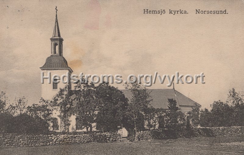 Hemsjo kyrka. Norsesund. Postganget 17 februari 1913. Forlag Bjorklund Andersson, Norsesund.jpg - Hemsjö kyrka. Norsesund.Postgånget 17 februari 1913.Förlag: Björklund & Andersson, Norsesund.