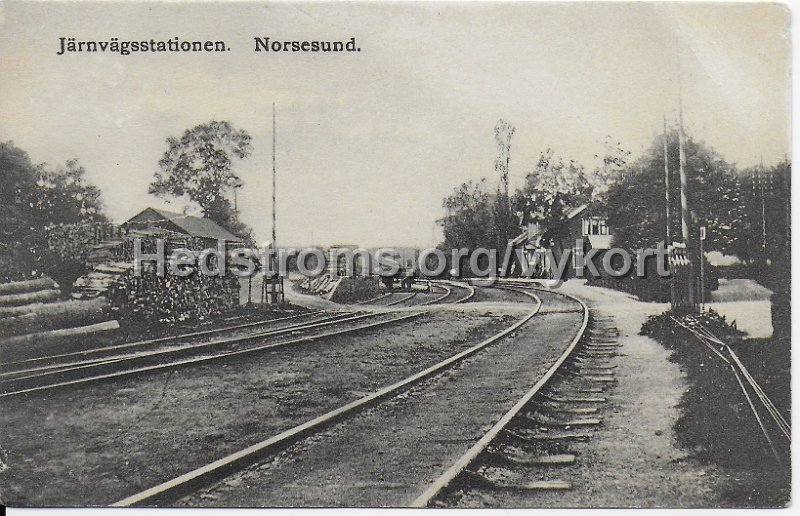 Jarnvagsstationen, Norsesund. Postganget 22 juli 1910. Forlag Bjorklund Andersson, Norsesund.jpeg - Järnvägsstationen, Norsesund.Postgånget 22 juli 1910.Förlag: Björklund & Andersson, Norsesund.