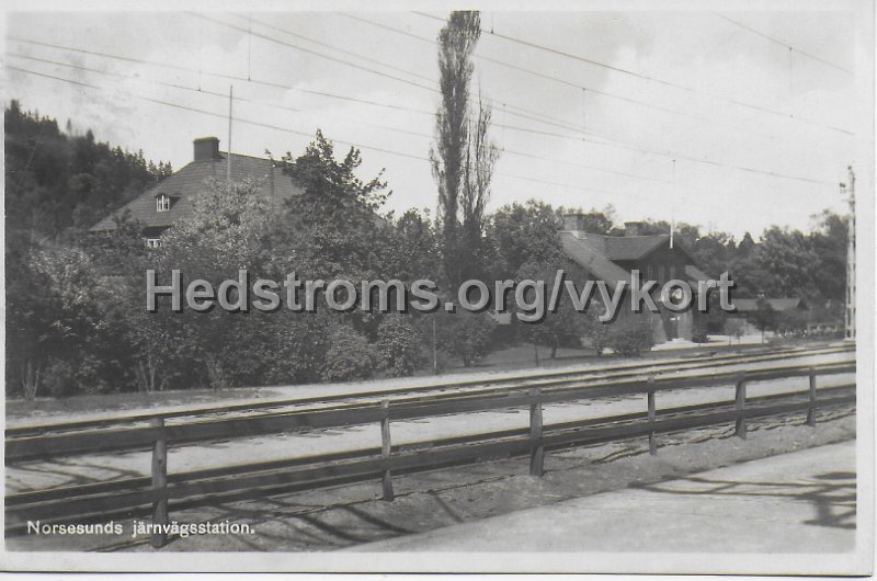 Noresunds jarnvagsstation. Postganget 13 juli 1928. Forlag Einar Erikson, Alingsas.jpeg - Norsesunds järnvägsstation.Postgånget 13 juli 1928.Förlag: Einar Erikson, Alingsås.