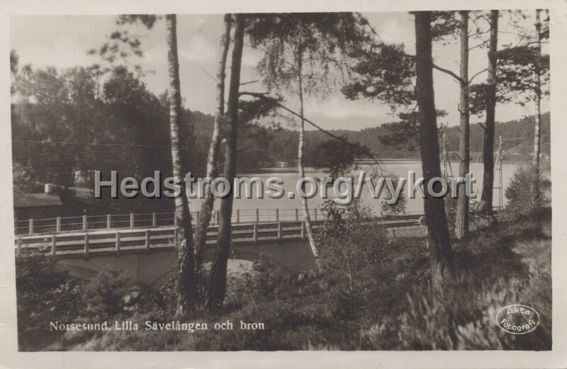 Norsesund. Lilla Savelangen och bron. Postganget 15 februari 1938.jpg - Norsesund. Lilla Sävelången och bron.Postgånget 15 februari 1938.