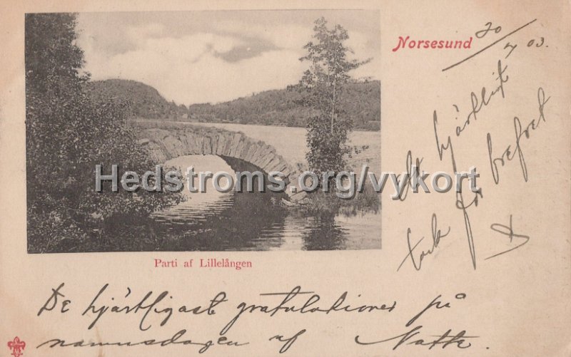 Norsesund. Parti av Lillelangen. Postganget 21 juli 1903. LeMoine Malmestro.jpg - Norsesund. Parti av Lillelången.Postgånget 21 juli 1903.LeMoine & Malmeström.