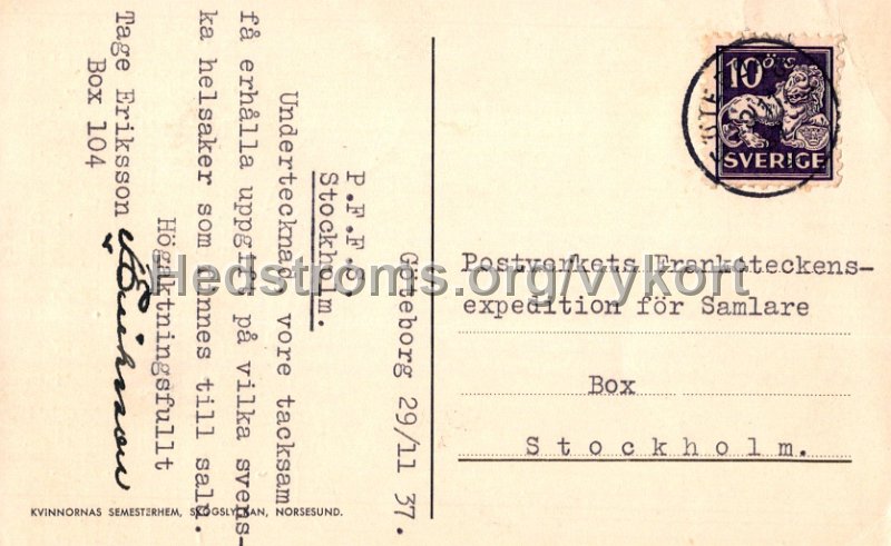 Kvinnornas Semesterhem, Skogslyckan, Norsesund. Postganget 29 november 1937. Adressida.jpg - Kvinnornas Semesterhem, Skogslyckan, Norsesund.Postgånget 29 november 1937.Adressida.