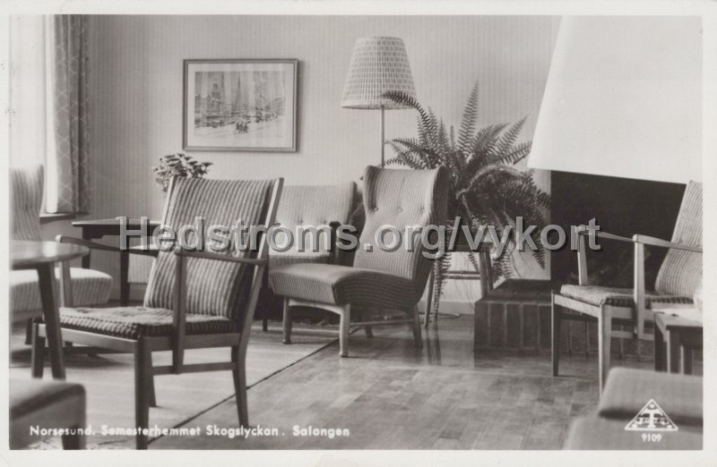 Norsesund. Semesterhemmet Skogslyckan. Salongen. Postganget 7 juli 1956. Traff 9109.jpg - Norsesund. Semesterhemmet Skogslyckan. Salongen.Postgånget 7 juli 1956.Träff 9109.