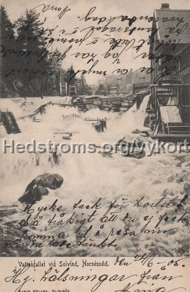 Vattenfallet vid Solvind, Norsesund. Postganget 24 juni 1905. Karin Moller, Alingsas.jpg - Vattenfallet vid Solvind, Norsesund.Postgånget 24 juni 1905.Karin Möller, Alingsås.