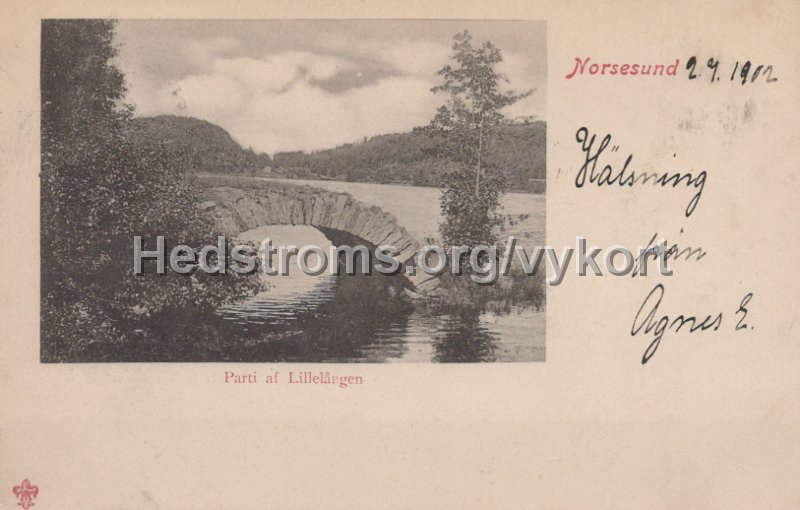 Norsesund. Parti af Lillelangen. Postganget 2 juli 1902. .jpg - Norsesund. Parti af Lillelången.Postgånget 2 juli 1902.