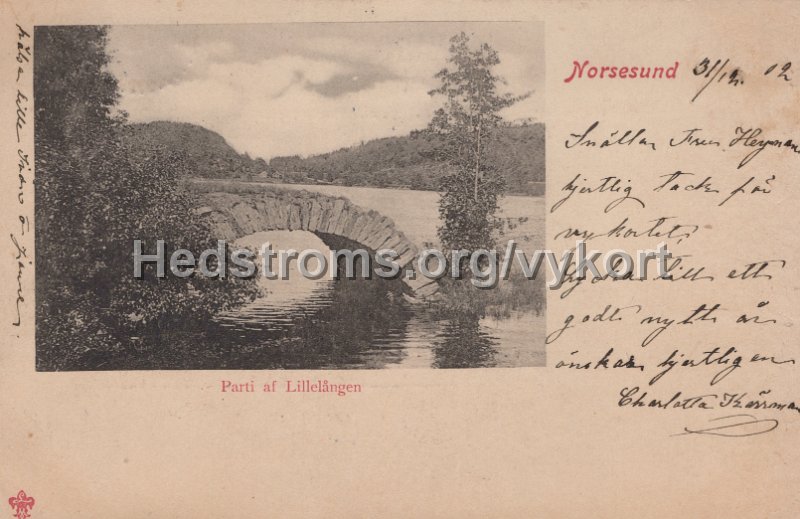 Norsesund. Parti av Lillangen. Postganget 21 december 1912. LeMpine Malmestrom.jpg - Norsesund. Parti av Lillången.Postgånget 21 december 1912.Le Moine & Malmeström.