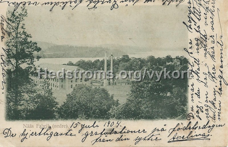 Naas Fabrik (nedre). Postganget 15 juli 1904.jpeg - Nääs Fabrik (nedre).Postgånget 15 juli 1904.