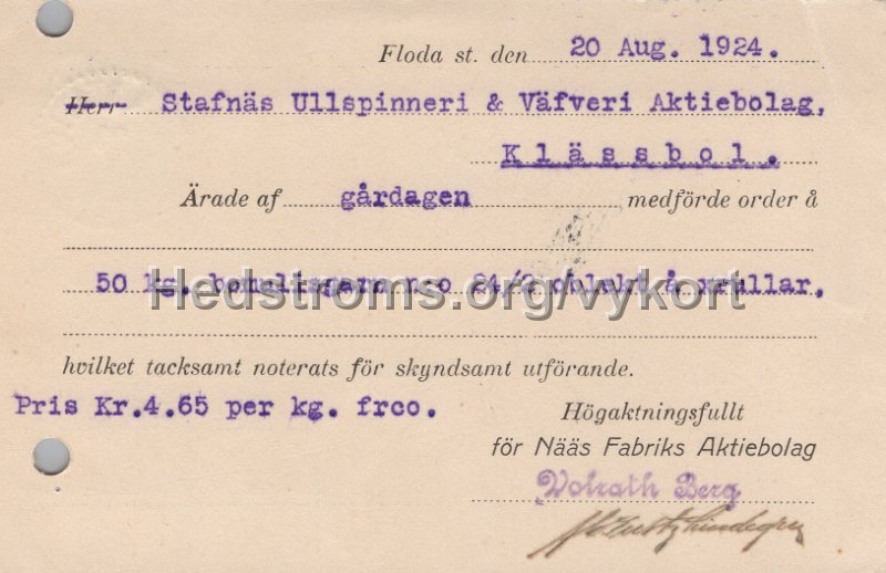 Ordererkannande Naas Fabriks Aktiebolag. Daterat 20 augusti 1924.jpg - Ordererkännande Nääs Fabriks Aktiebolag.Daterat 20 augusti 1924.