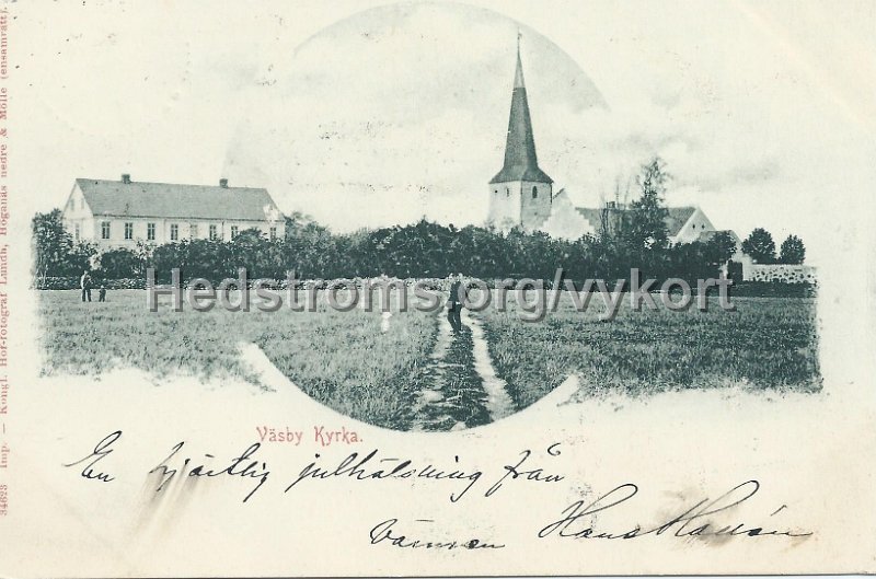 Vasby kyrka. Postganget 24 december 1904. Kungl. Hoffotograf Lundh. Hoganas N.  Molle, Ensamratt. Imp..jpeg - Väsby kyrka.Postgånget 24 dec 1904Förlag: Kungl. Hoffotograf Lundh, Höganäs nedre & Mölle (ensamrätt)