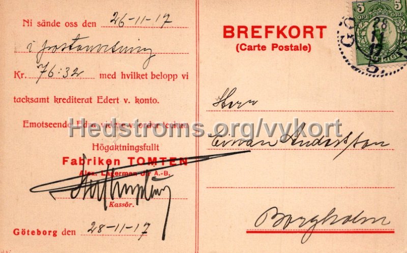 Drick Lagermans Bryggalette. Postganget 26 november 1917. Adresdsida.jpg - Drick Lagermans Bryggalette.Postgånget 26 november 1917.Adresssida.