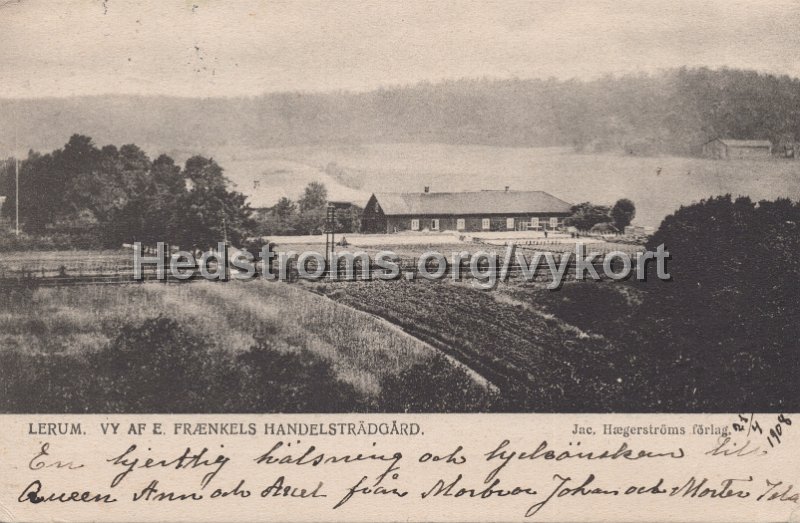 Lerum. Vy af E Frænkels Handelstradgard. Postganget 25 april 1908. Jac. Hægerstroms forlag.jpg - Lerum. Vy af E Frænkels Handelsträdgård.Postgånget 25 april 1908.Jac. Hægerströms förlag.